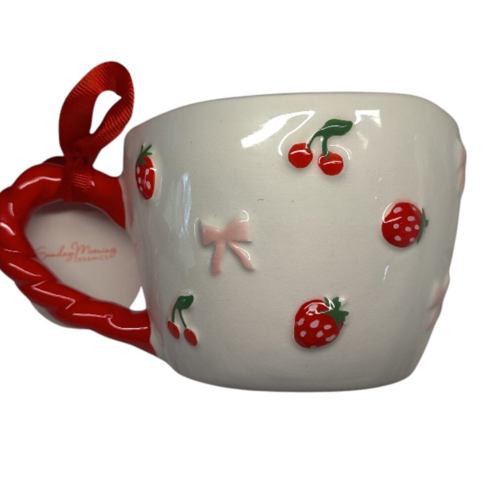 Sunday Morning Decorative Coffe Mug Cherries Strawberries & Pink Couquette Bows